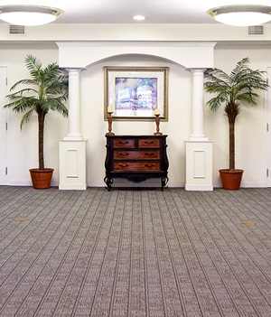 a large room with two palm trees and a chest of drawers