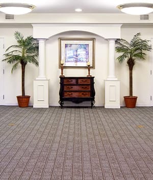 a large room with two palm trees and a chest of drawers