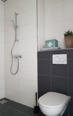 A white toilet in a bathroom with a grey floor and a grey wall.