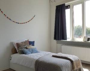 A bedroom with a bed, pillows, and a window.