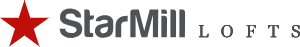 A logo with a red star and the words "Star Mill Lofts" in grey.