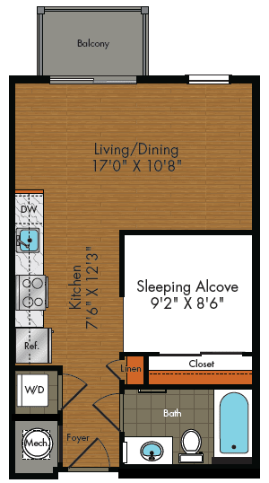 Studio 1 bath floor plan B at The Citron Apartments, Maryland