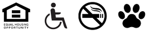 Four black and white symbols including a wheelchair, a no smoking sign, a house, and a paw print.