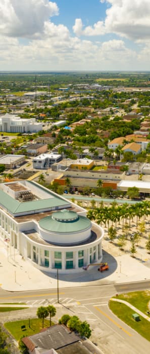 an aerial view of a large building in a city