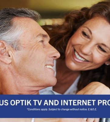 an older couple smiling at each other with the text 25% off offflix and internet products