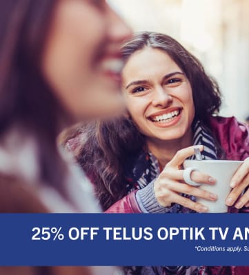 a picture of a group of people with the text 25% off tellus optix tv