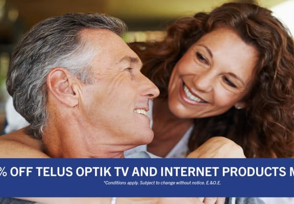 an older couple smiling at each other with the text 25% off offflix and internet products