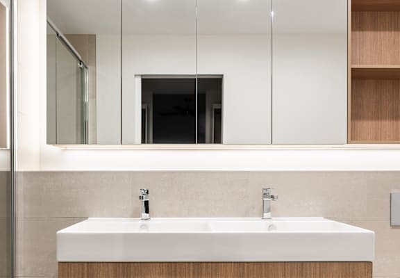 a bathroom with a sink and a mirror