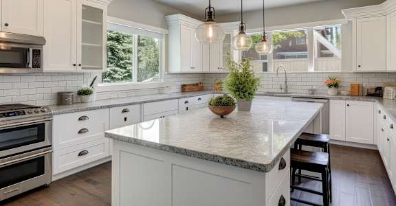 a kitchen with white cabinets and a marble counter top