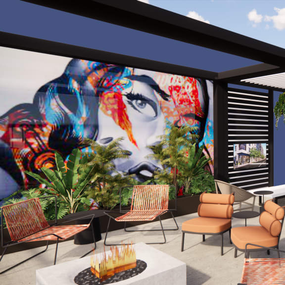 a rendering of the sky deck with chairs and a fire pit at The Indie, Massachusetts, 02134