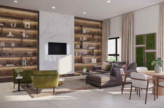 a rendering of a living room with a dining table and chairs