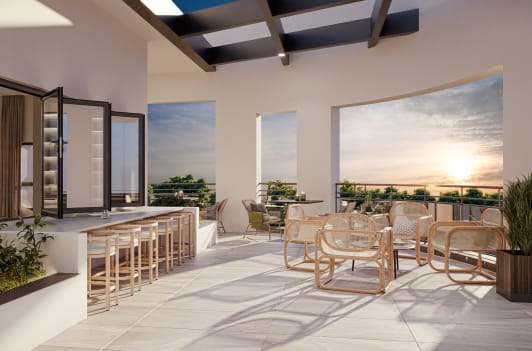a rendering of the rooftop terrace at the residences at omni louisville apartments