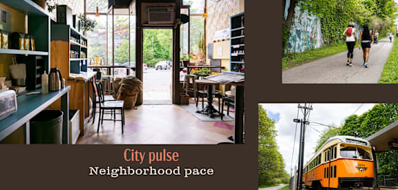 A collage of images depicting a city scene with a cafe, a person jogging, and a tram.