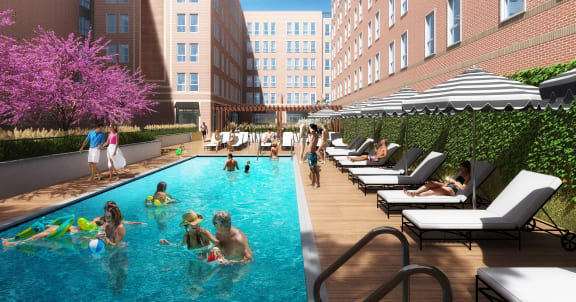 a rendering of a swimming pool with people in it and buildings