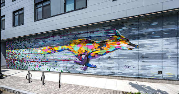 A mural of a wolf painted on a building.