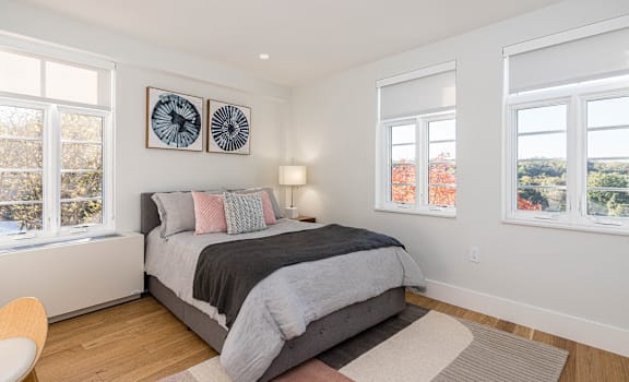 A bedroom with a large bed and two windows.