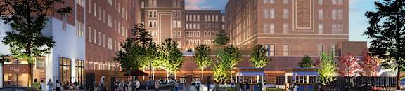 a rendering of a city street with tall buildings