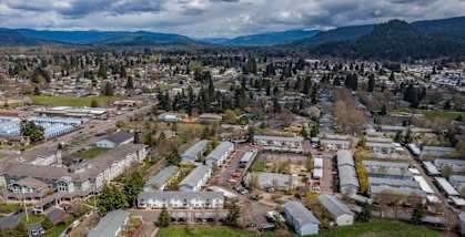 an aerial view of a city with houses and trees