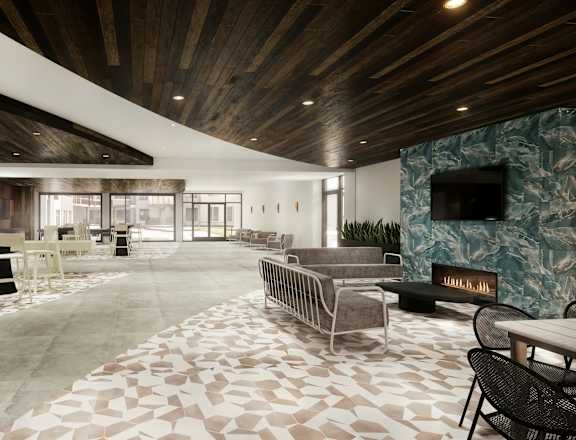 A modern living room with a wooden ceiling and a stone fireplace.