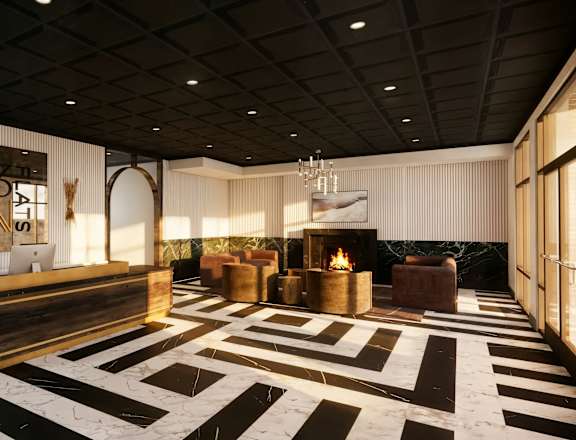 A black and white checkered floor in a room with a fireplace.