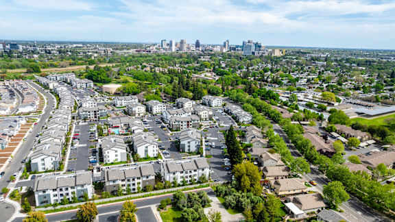 Aerial view of The Strand with downtown Sacramento in the background