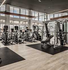 a gym with weights and cardio equipment and glass walls