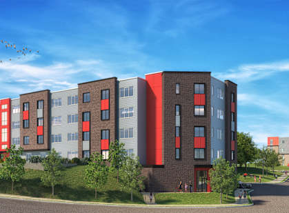 a rendering of an apartment building on a street corner