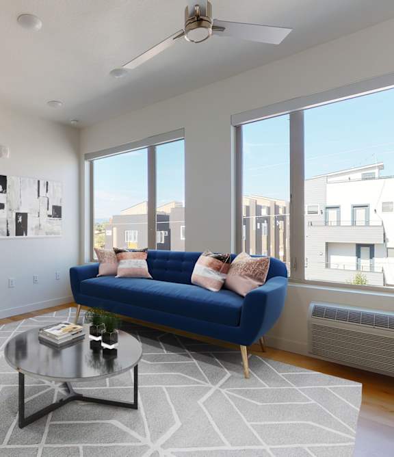Spacious Living Room at Proto Apartments, Denver, Colorado