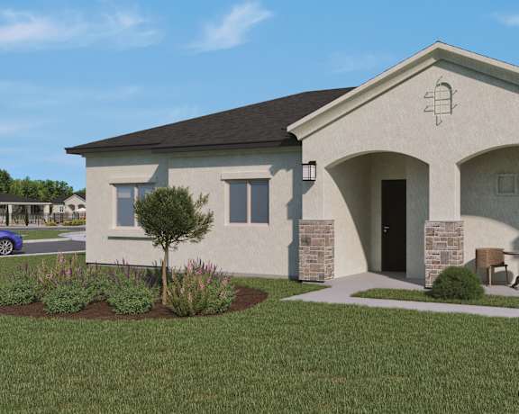 A house with a black roof and a stone pillar.