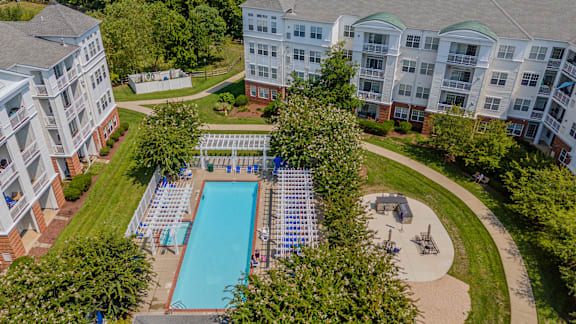 An aerial view of a pool surrounded by trees and buildings at The Marque Apartments, Gainesville, VA, 20155