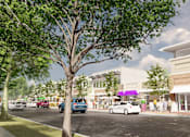 Thumbnail 2 of 8 - a rendering of a street view of a building with people and cars