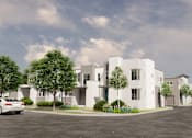 Thumbnail 1 of 8 - a rendering of a white apartment complex with cars parked in a parking lot