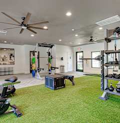 a home gym with a green carpet floor and a ceiling fan