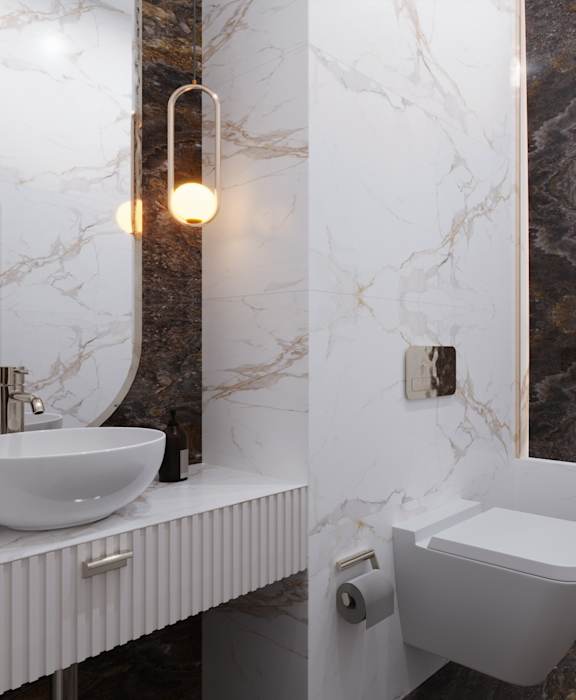 a bathroom with marble walls and a sink and a toilet