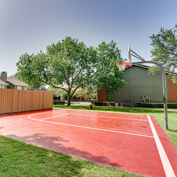 a basketball court in a yard with houses in the background