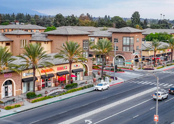 a restaurant exterior with palm trees and a sidewalk in front of it