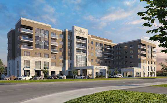 View of Westpointe Retirement community building from outside front entrance.
