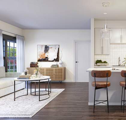 a rendering of a kitchen and living room with white cabinets and a white countertop