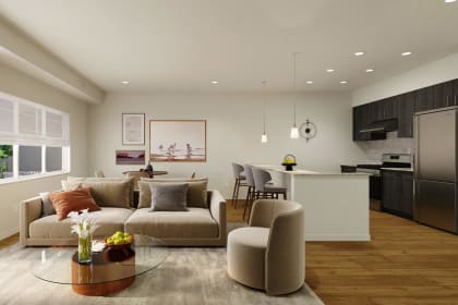 a living room with a couch and a table