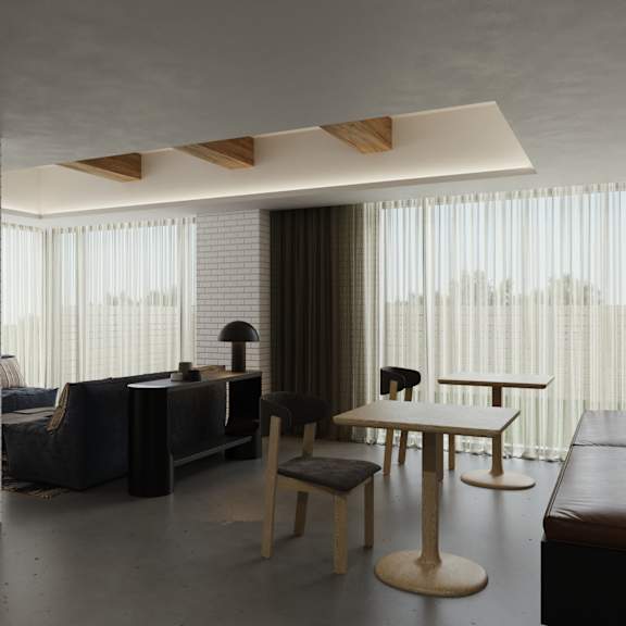 A modern living room with a large window overlooking the city.