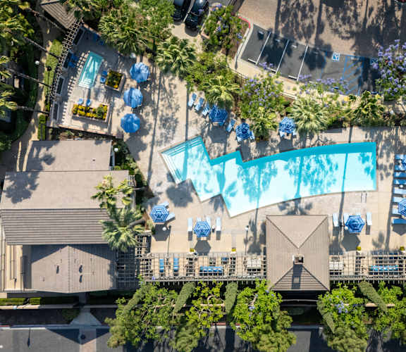 An aerial view of a pool surrounded by trees and buildings.