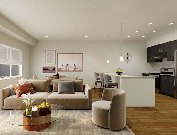 a living room with a couch and a table