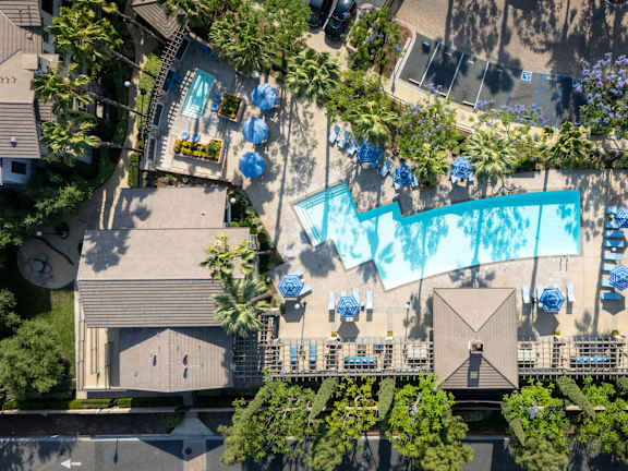 Beautiful Aerial view of the pool at The Grove Apartments, Ontario, 91761