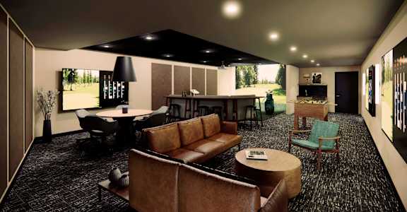 A living room with a brown couch and a black and white carpet.