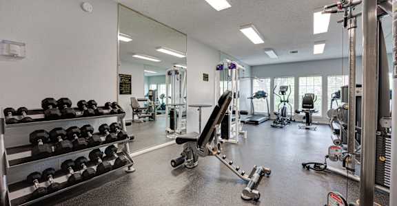 A gym with a variety of equipment including dumbbells, weight plates, and a squat rack.