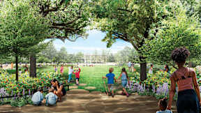 A family is spending time together in a park.