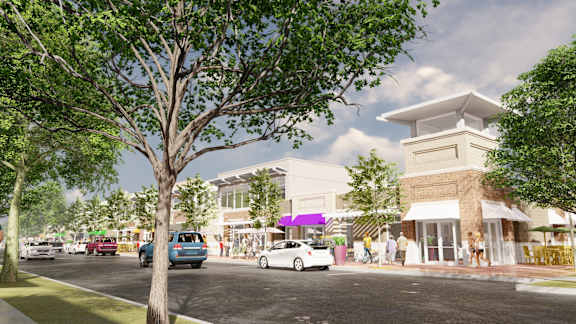 a rendering of a street view of a building with people and cars