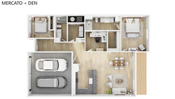 A Mercato + Den floor plan shows a kitchen, dining area, living room, and two bedrooms.