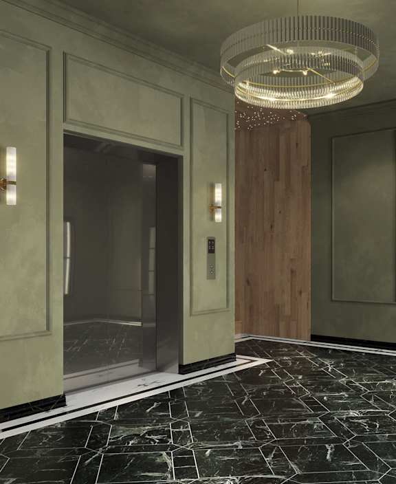 A room with a tiled floor and a door.