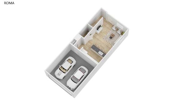 A floor plan of a Rome apartment with a living room, kitchen, and two bedrooms.